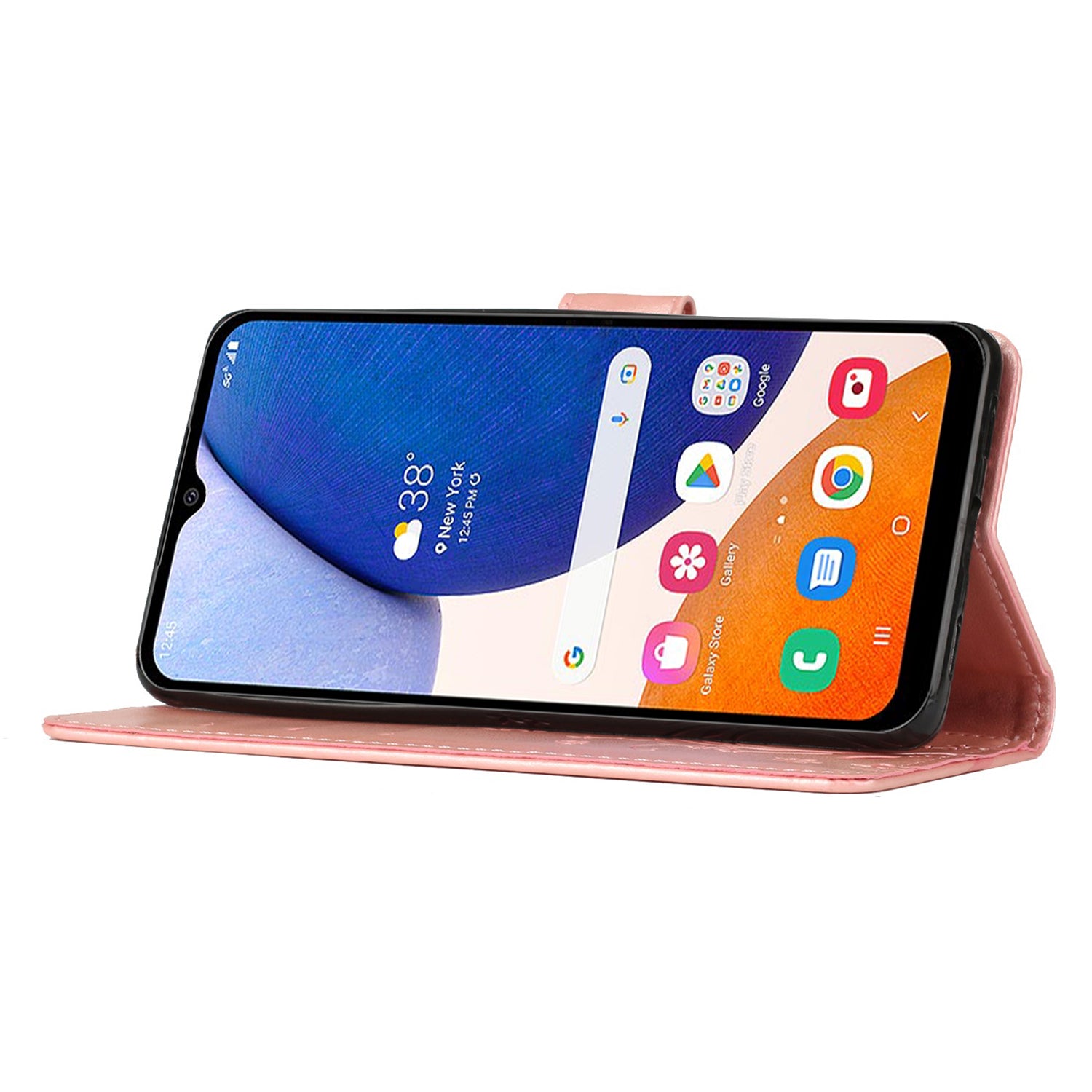 Uniqkart for Samsung Galaxy M14 5G Imprinted Butterflies PU Leather Phone Case Wallet Cover Stand with Strap - Rose Gold Uniqkart for Samsung Galaxy M14 5G Imprinted Butterflies PU Leather Phone Case Wallet Cover Stand with Strap - Rose Gold